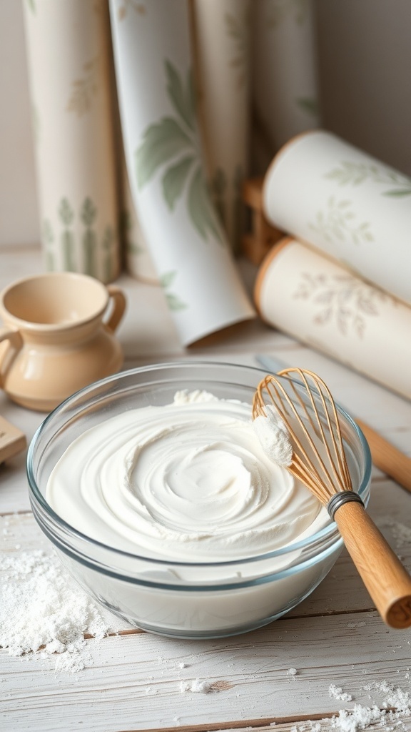 Homemade flour wallpaper paste in a bowl with a whisk, surrounded by wallpaper rolls and tools.